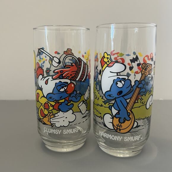 Smurf Clumsy and Harmony Collector Glass/Tumbler 1983 Peyo Vintage 6” Lot of 2 - Picture 1 of 11